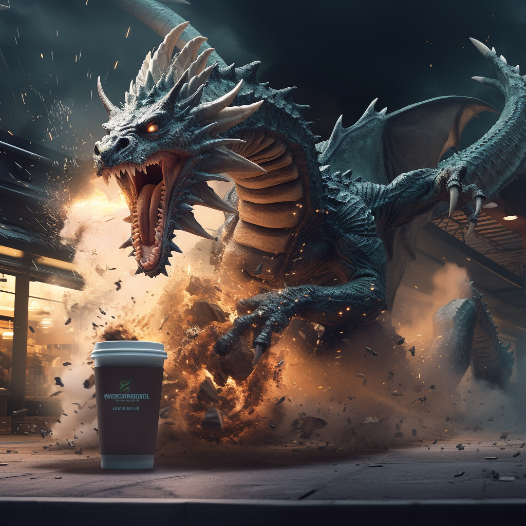 Photorealistic dragon destroying Starbucks in action