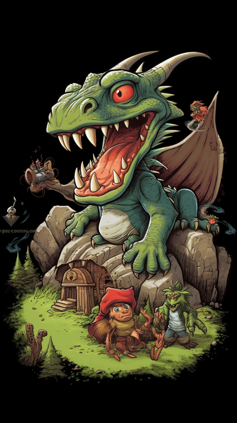 Tee Shirt Graphic with Dragon and Goblin Conversation