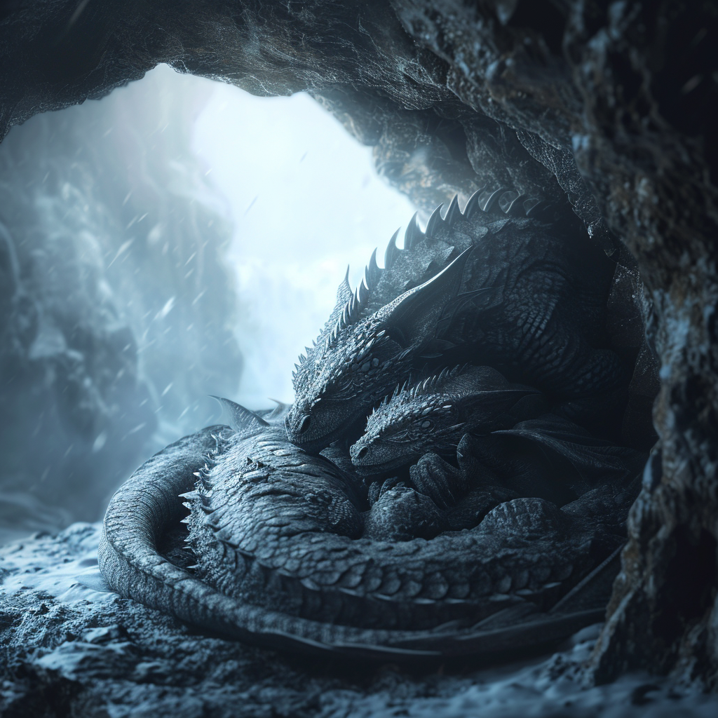 Dragon and Hatchling in Cave during Blizzard