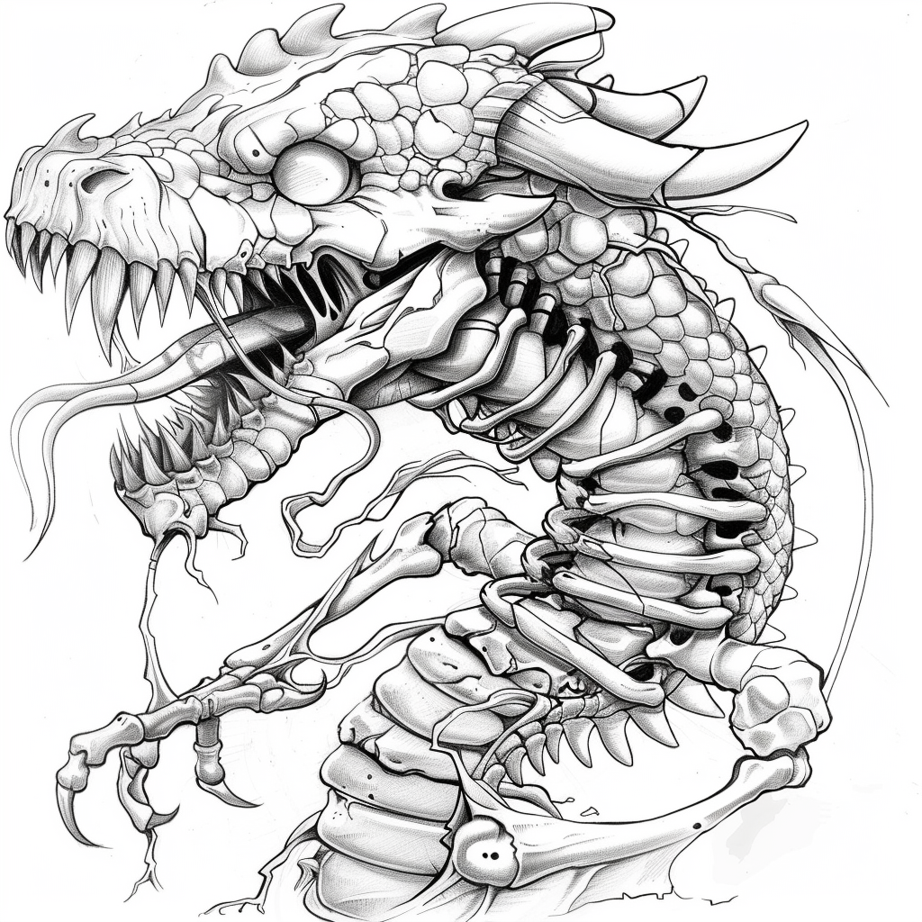 Dragon Skeleton Snake Tail Line Art