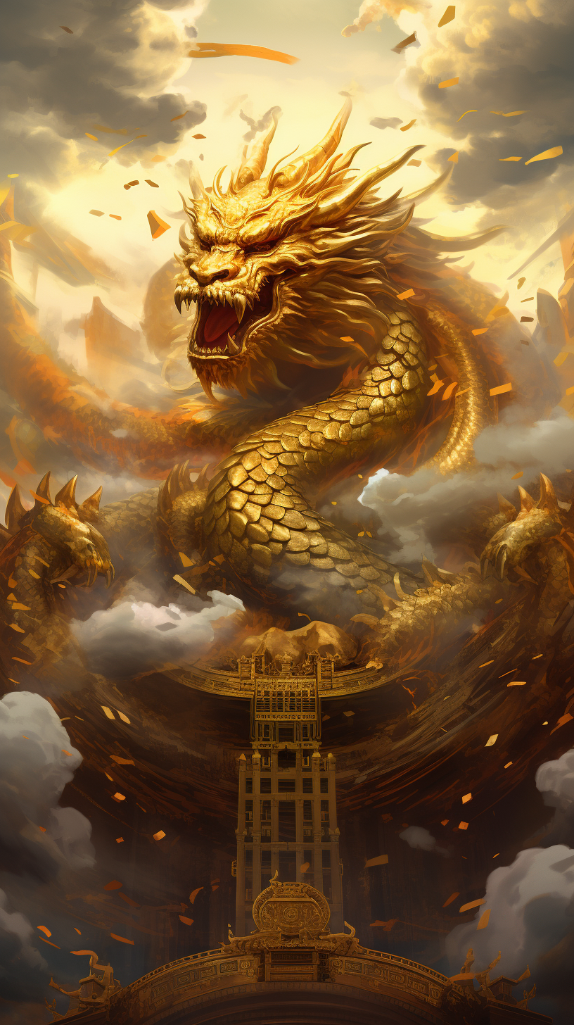 Dragon King of Wealth surrounded by Sun and Golden Cloud