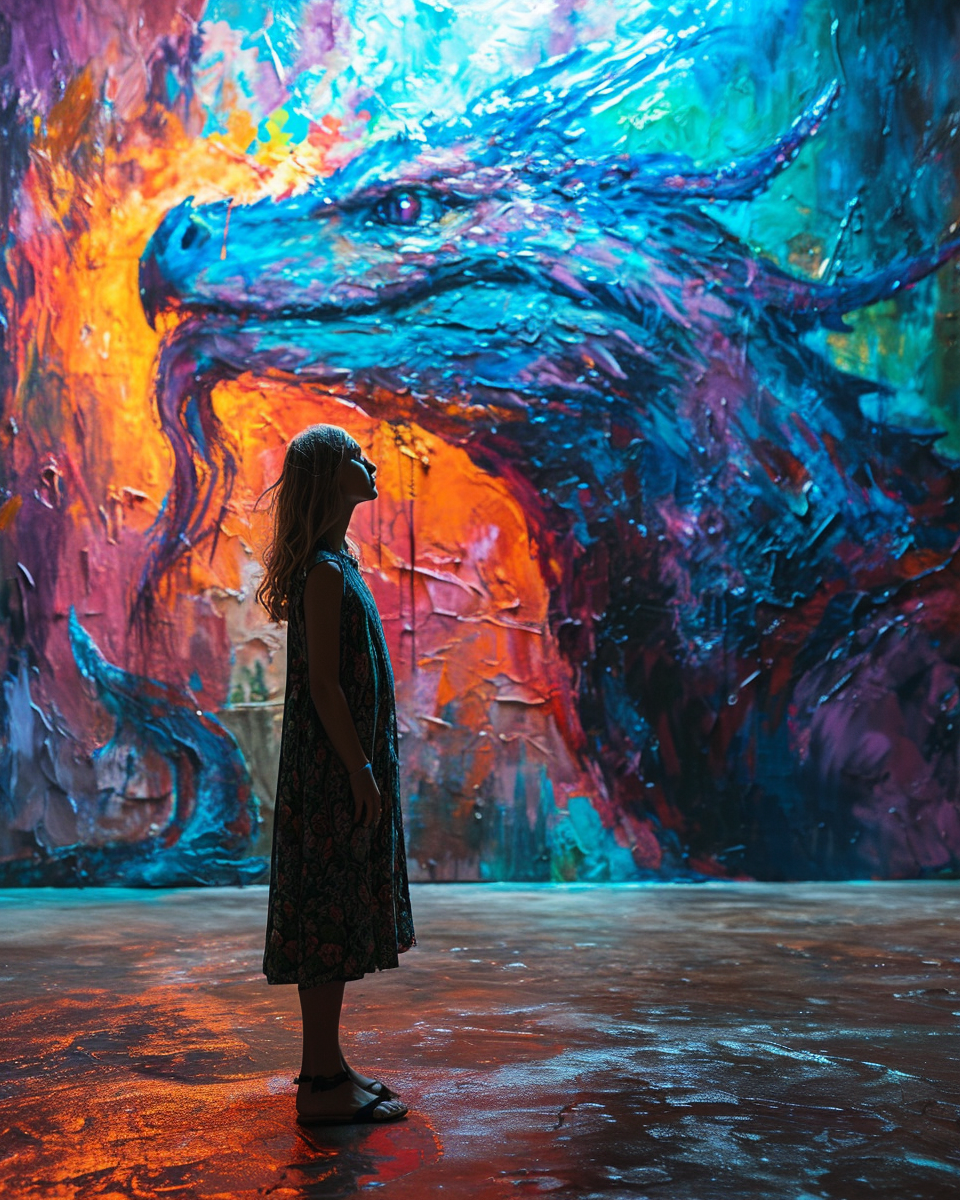 Photorealistic girl standing in front of dragon mural