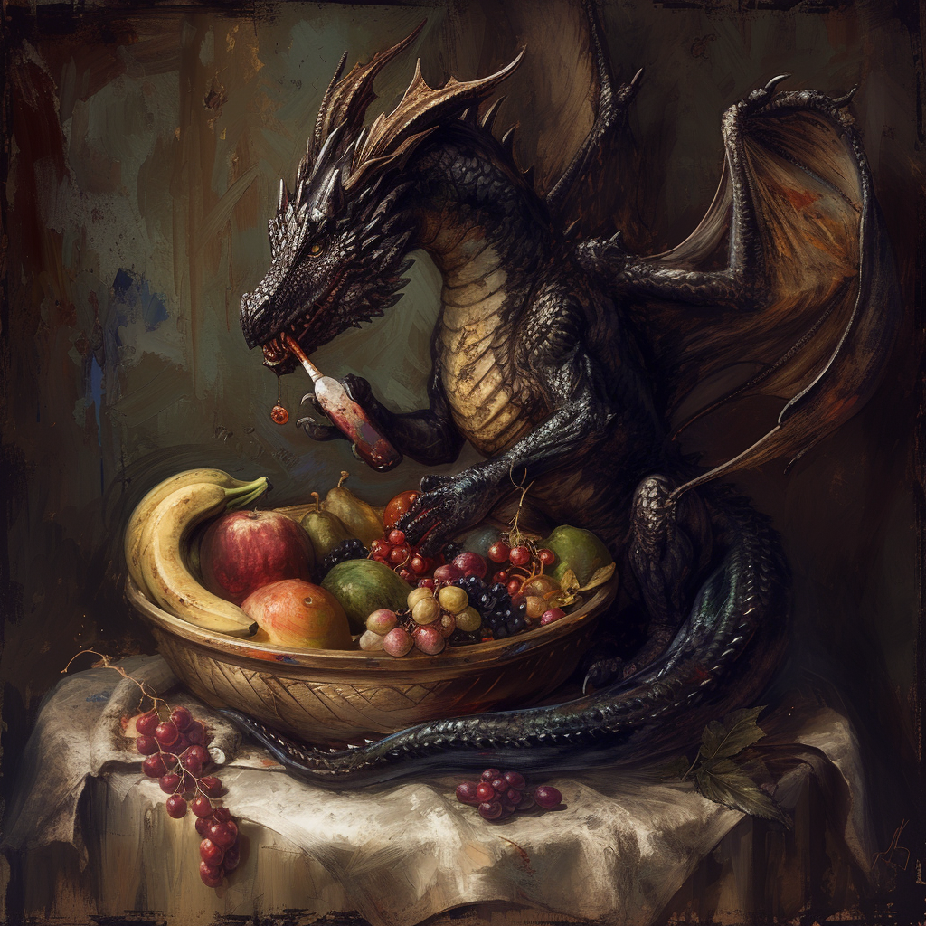 Dragon artist painting bowl of fruit