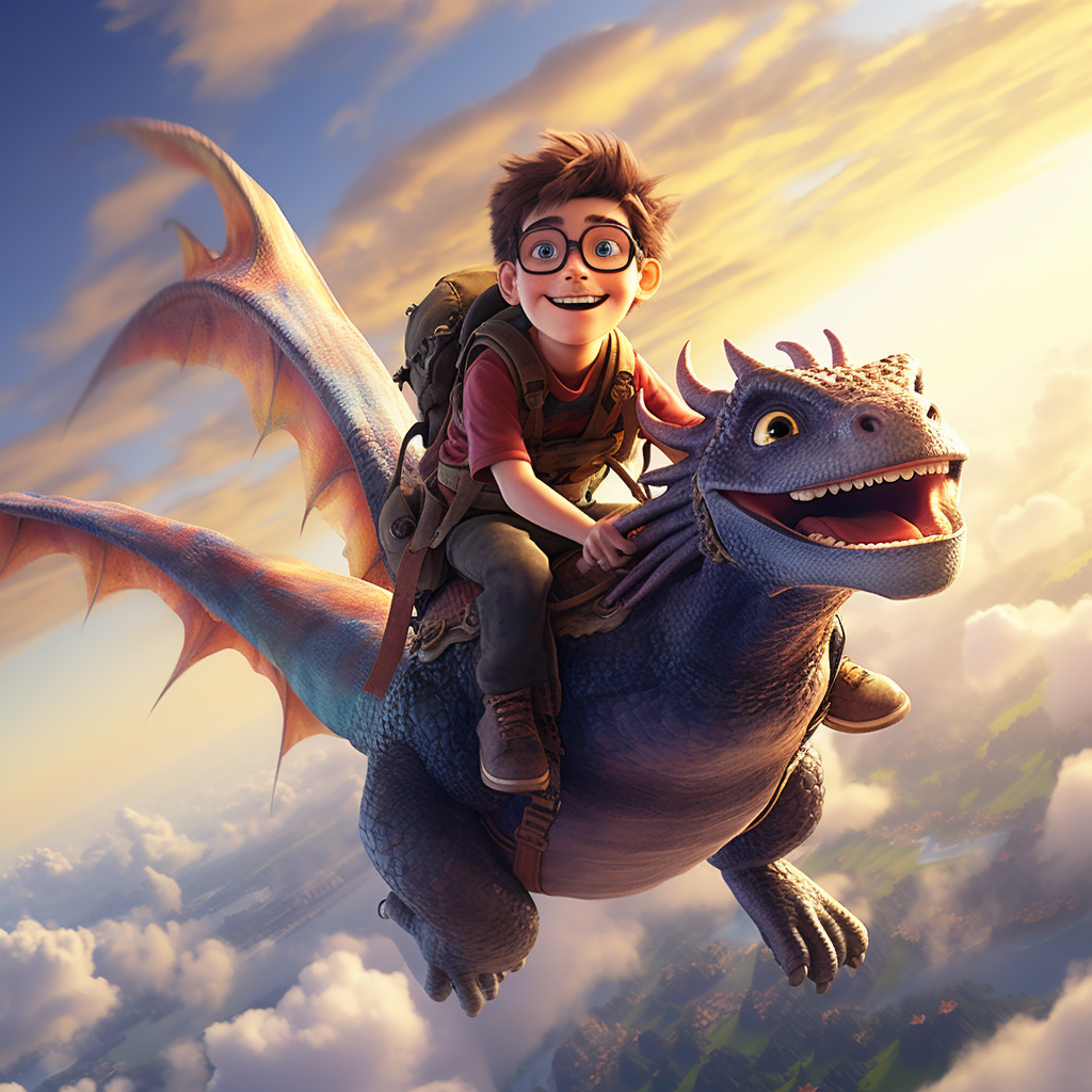 Teen boy with glasses riding a dragon