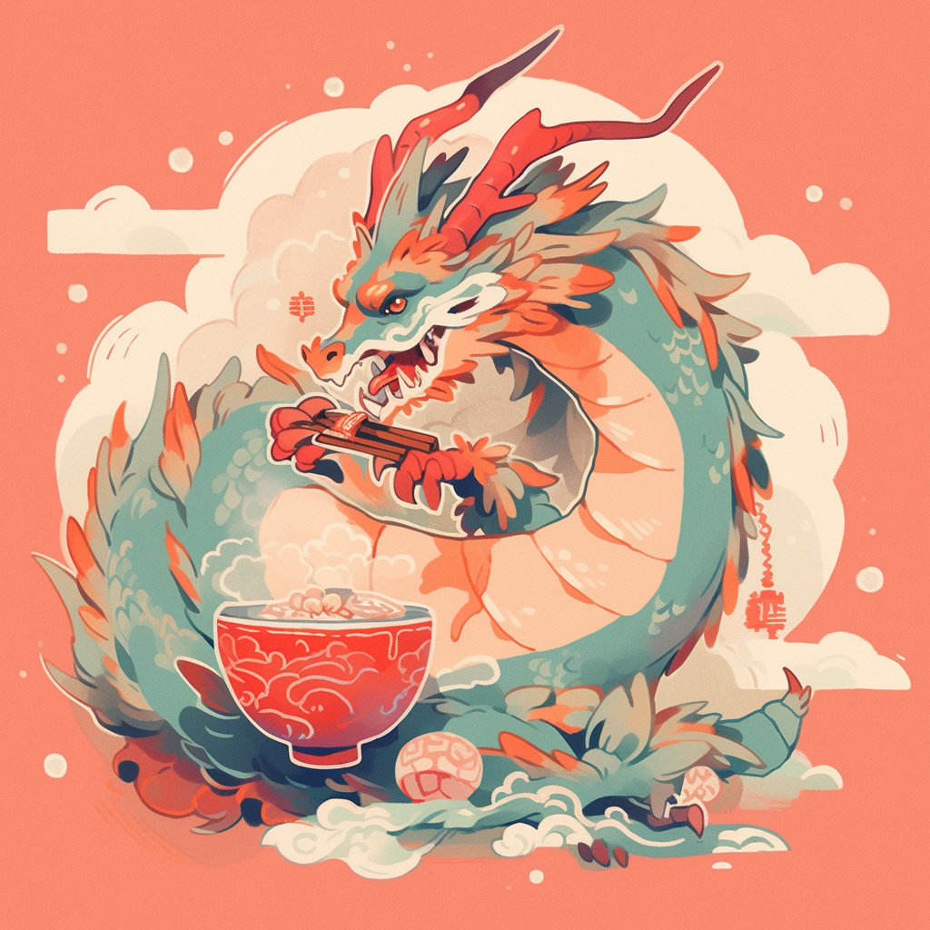 Dragon sipping tea retro flat riso print