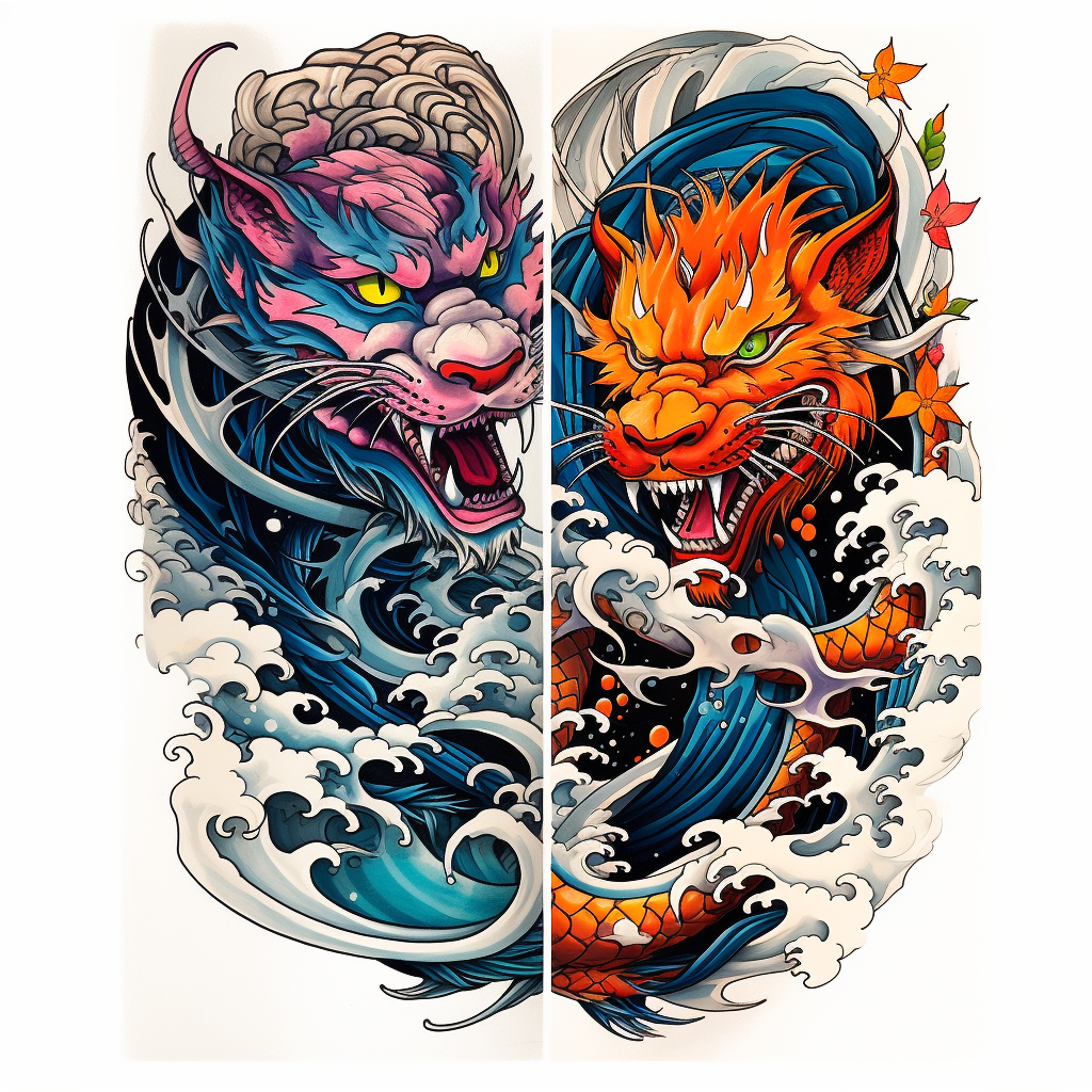 Colorful dragon and tiger forearm tattoo