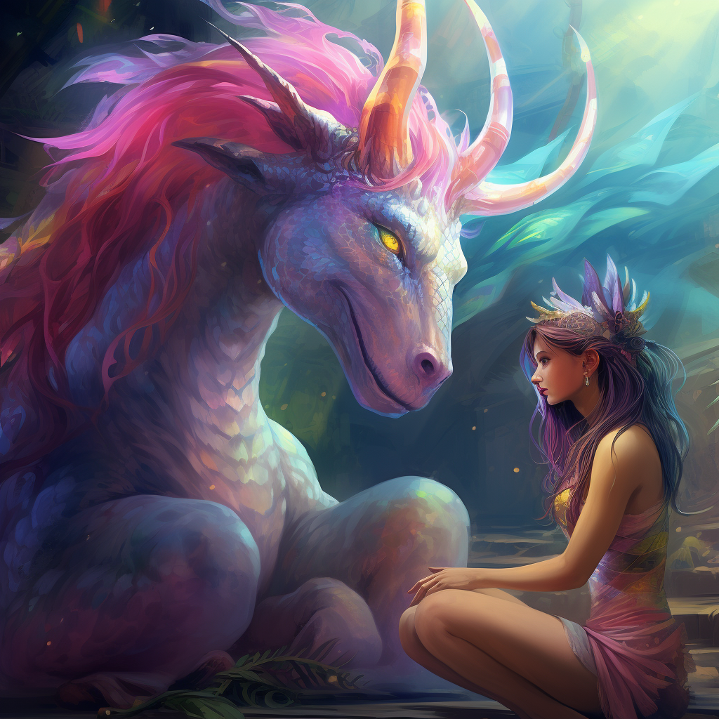 Fantasy dragon woman with purple rabbit