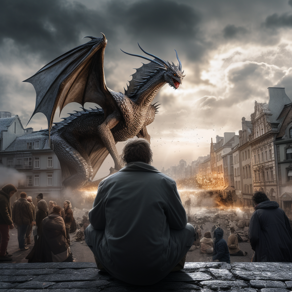 Dragon flying over city of homeless people