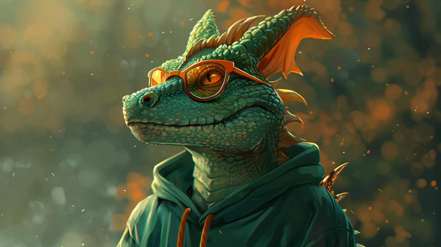 Dragon in green hoodie and orange glasses