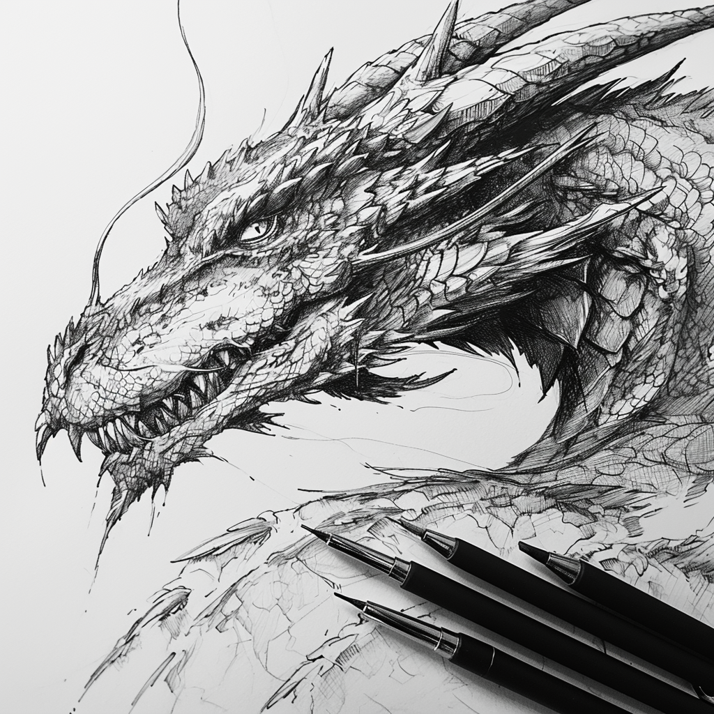 Dragon illustration in monochrome line drawing