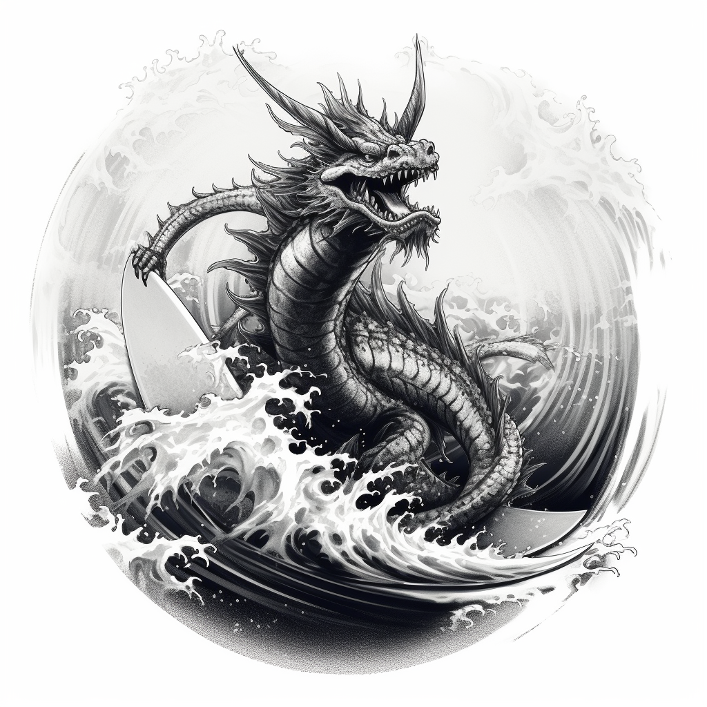 Black and white dragon riding surfboard on big wave