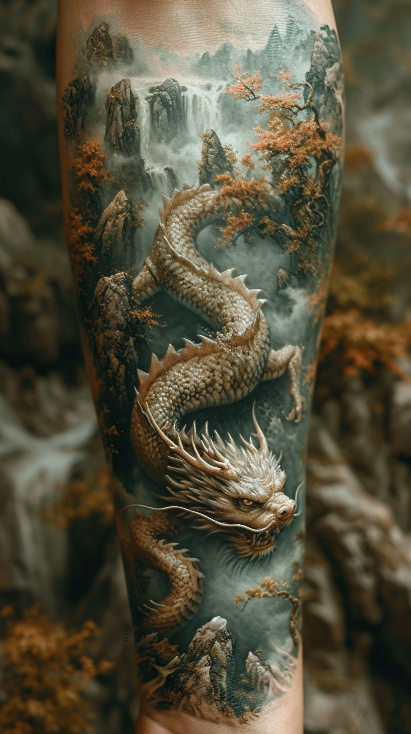 Dragon Tattoo on Arm with Intricate Scales and Mountain Mist