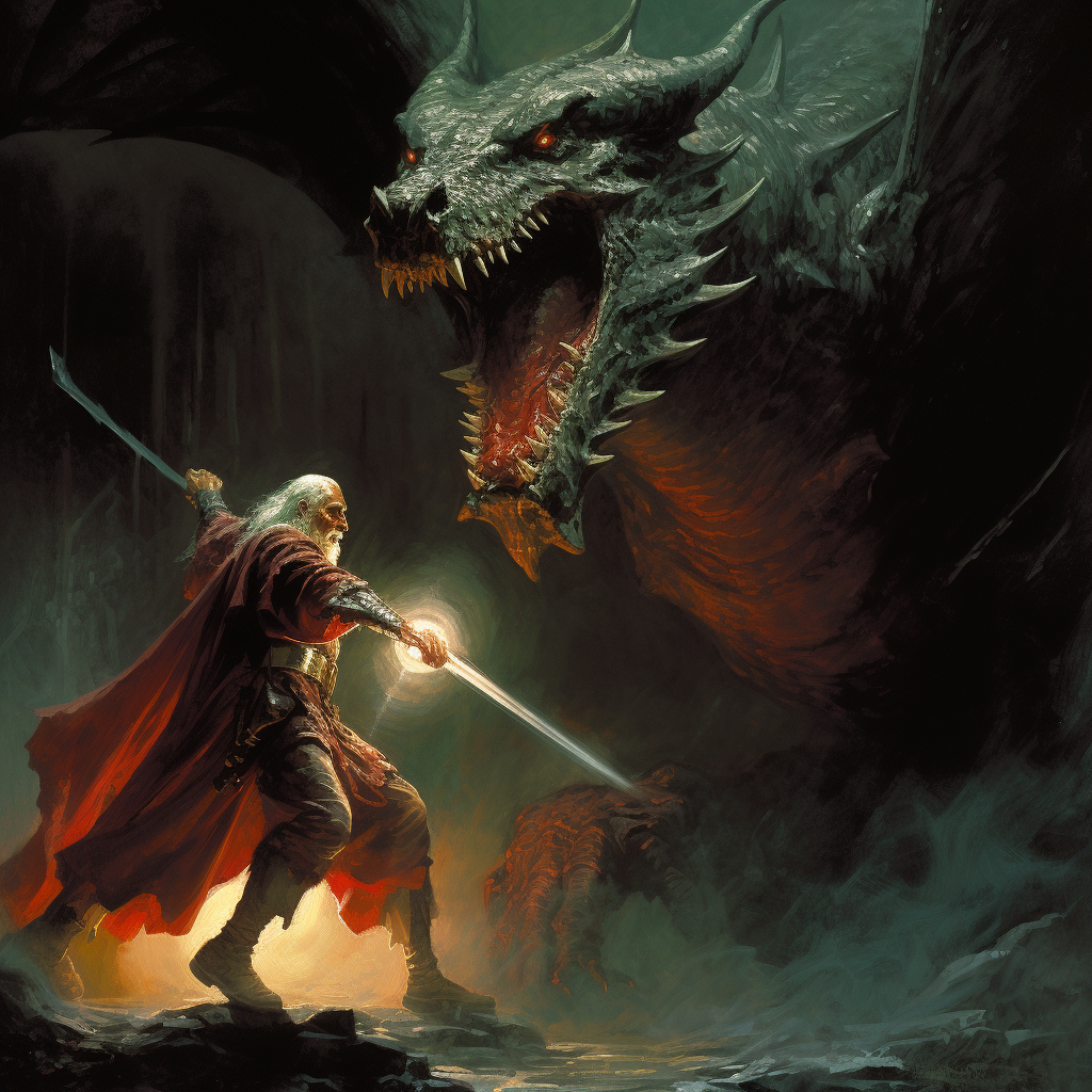 Illustration of intense dragon wizard battle