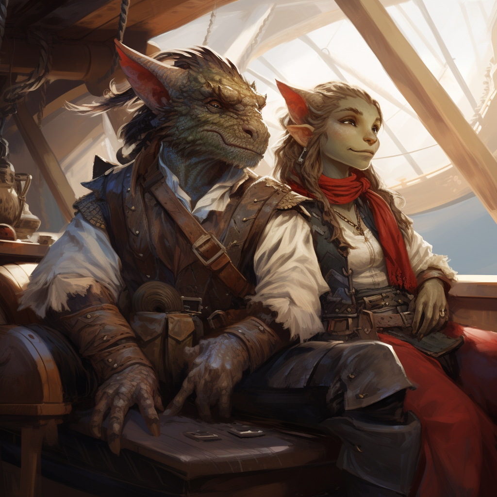 Dragonborn couple on a ship in Dungeons and Dragons style