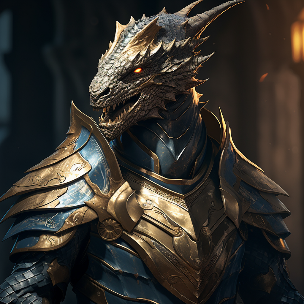 Dragonborn Knight with Gold Scales and Blue Eyes