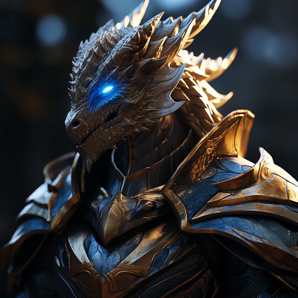 Majestic dragonborn with glowing blue eyes