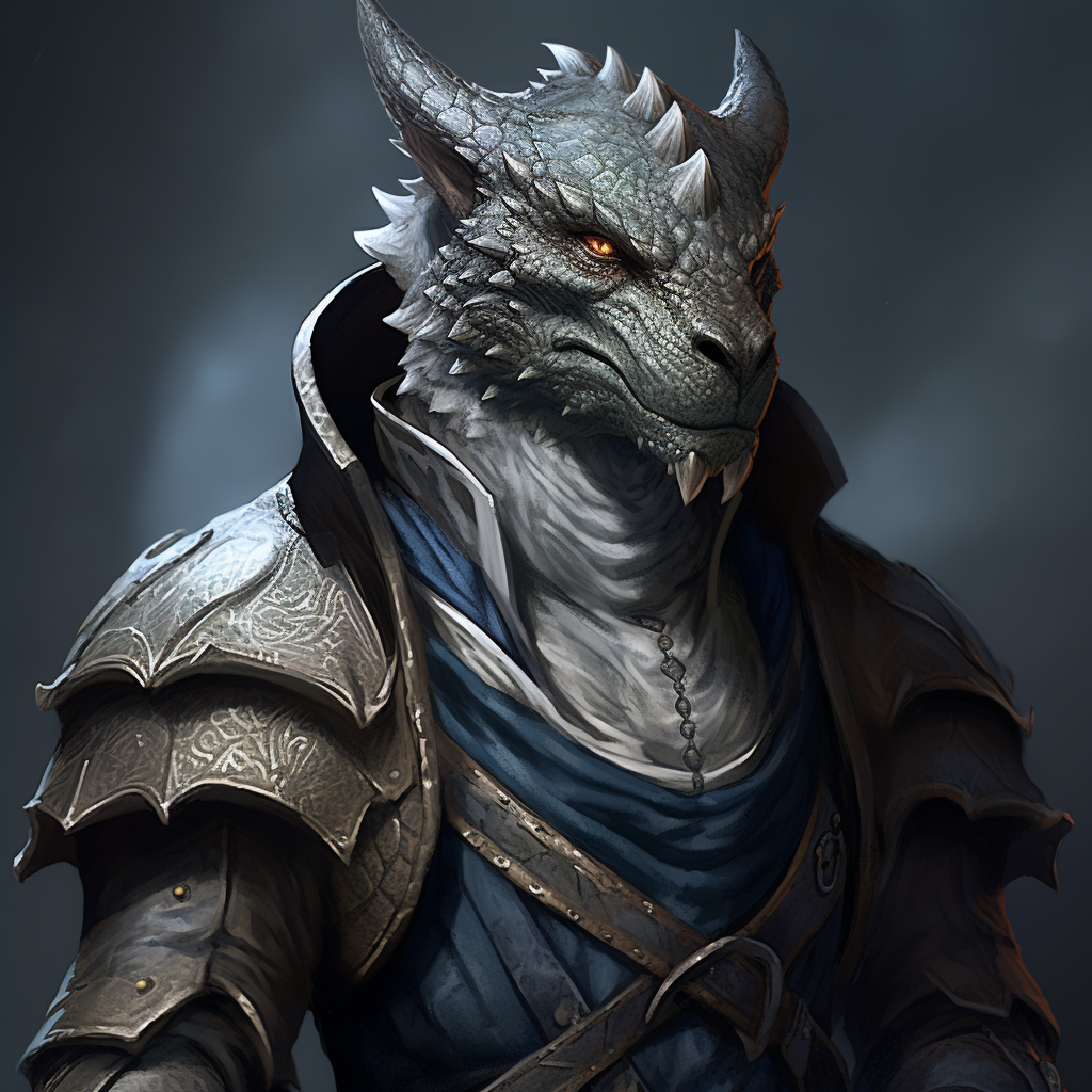 Dragonborn male DND character in court attire