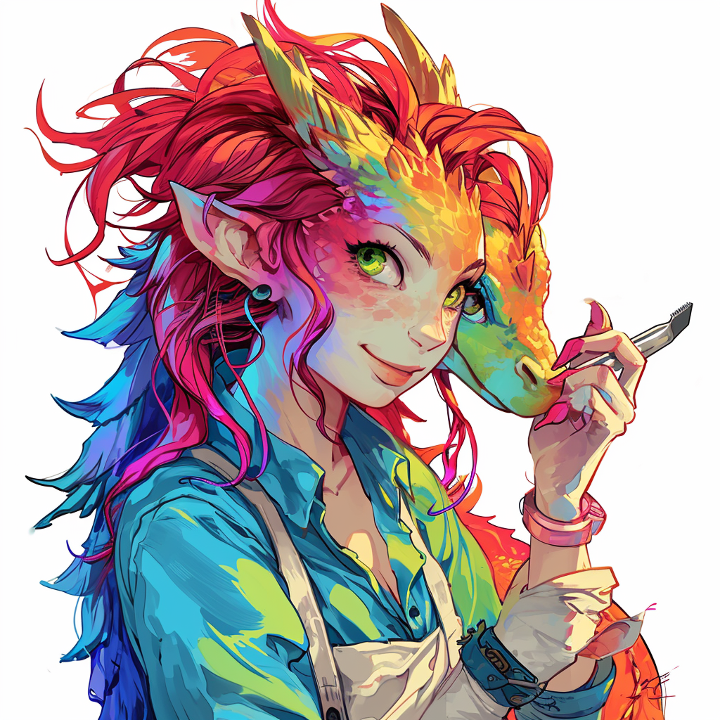 Cheerful dragoness sharpening her claws with a manicure file