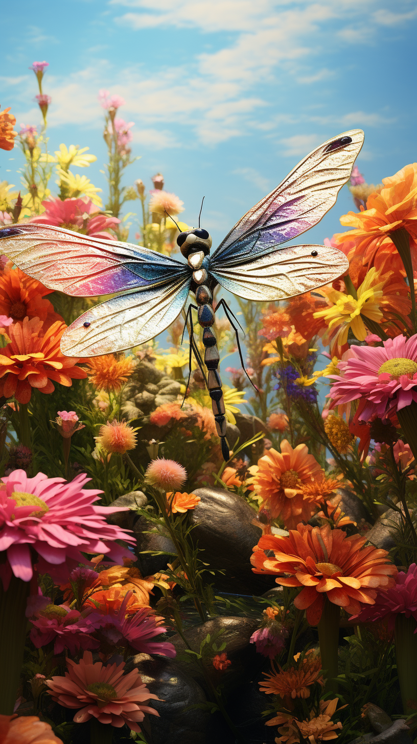 Beautiful dragonfly in flower-filled field