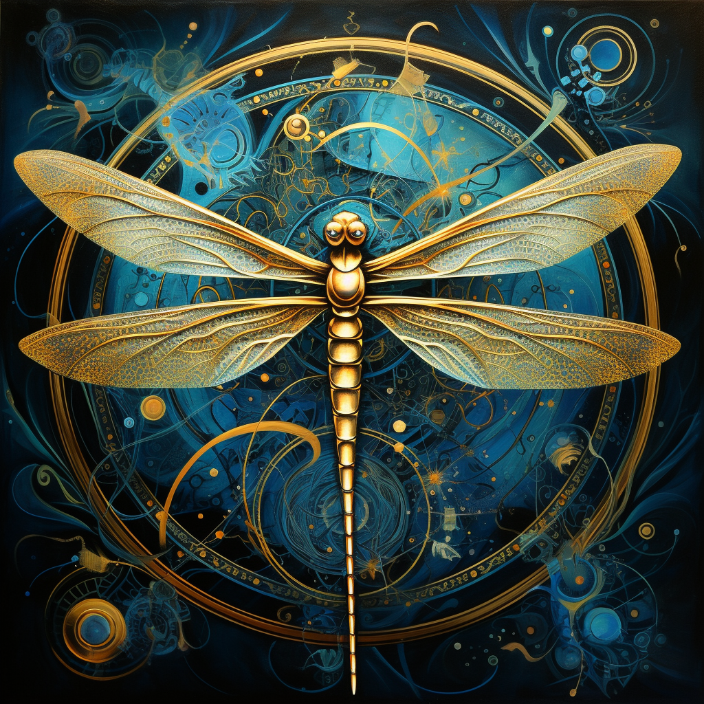 Colorful dragonfly painting with psychedelic symbols