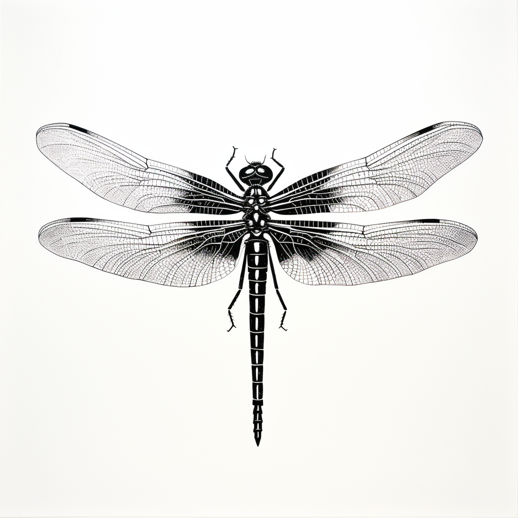 Beautiful dragonfly linocut illustration on white background