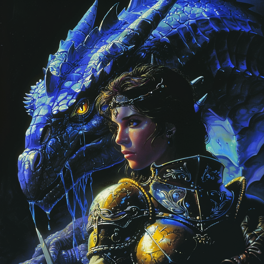 Fantasy Dragonlance Female Knight Blue Dragon