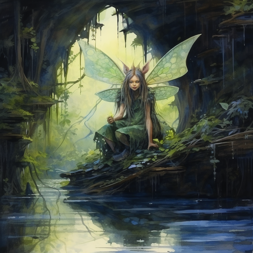 Beautiful watercolor illustration of dragons fairy in a swamp