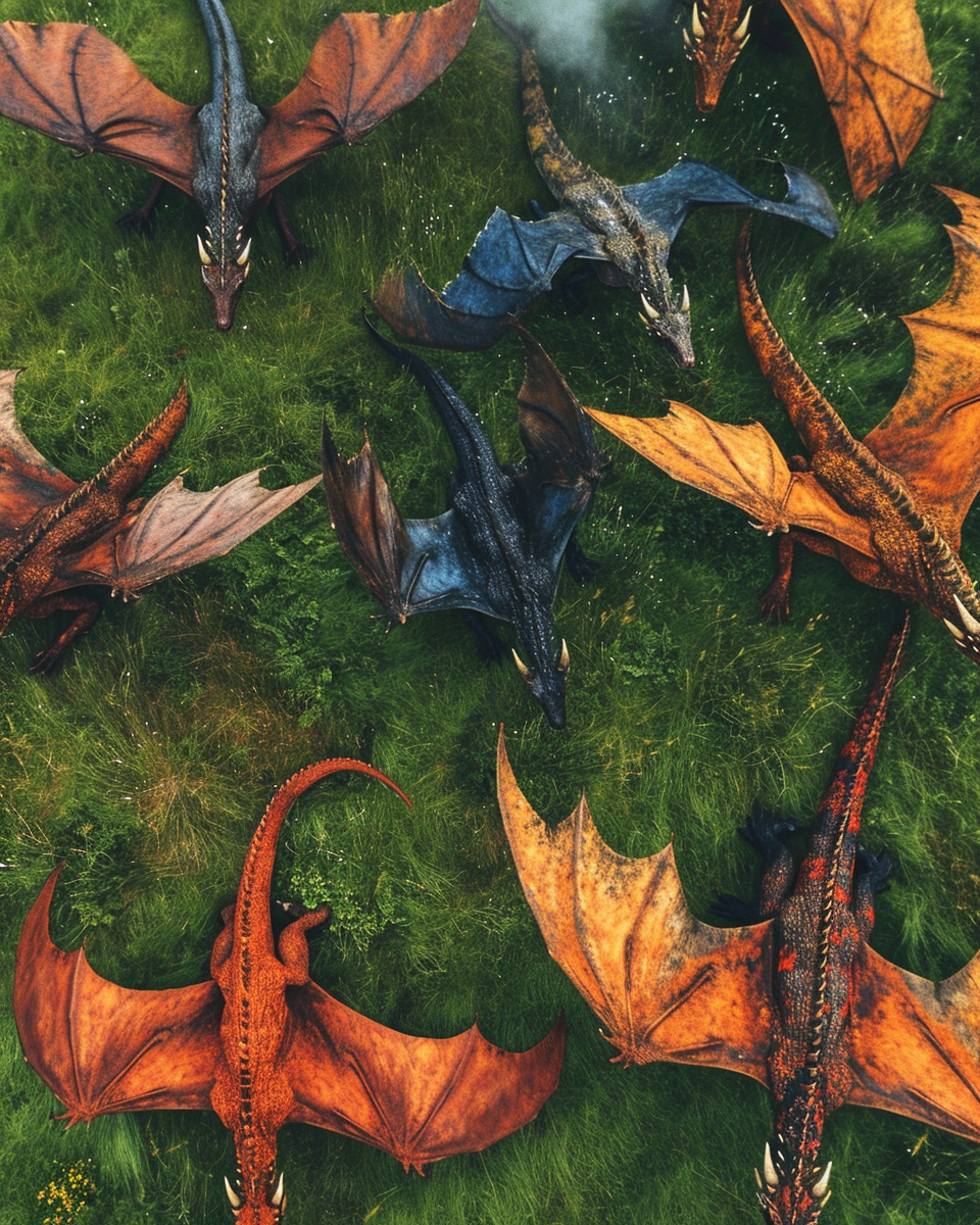 Dragons grazing in grassy field