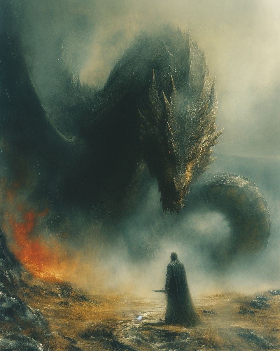 Dragonslayer Fighting Giant Grey Dragon Art