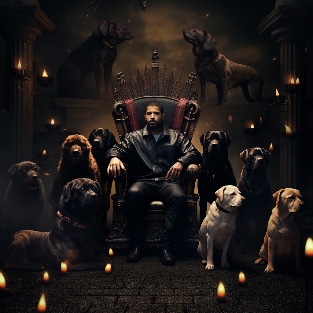 Drake surrounded by protective guard dogs