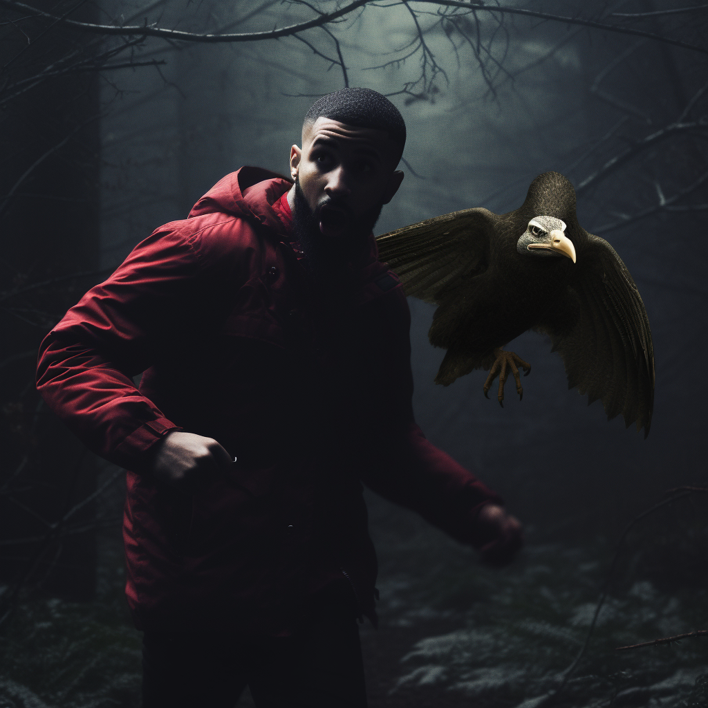 Drake running from Slender Man in dark forest