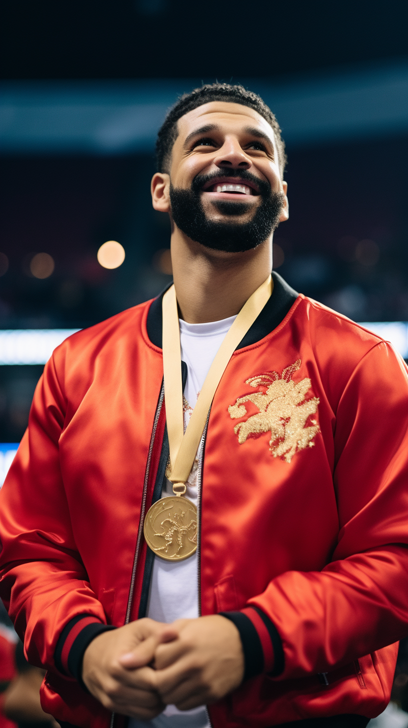 Drake smiling and blushing in cheerleading outfit