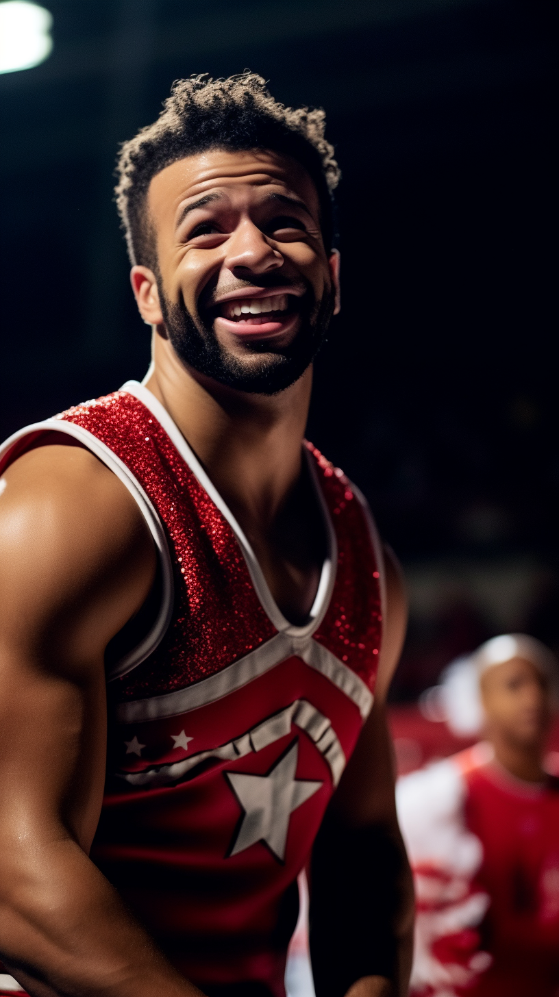 Drake wearing cheerleading outfit and blushing