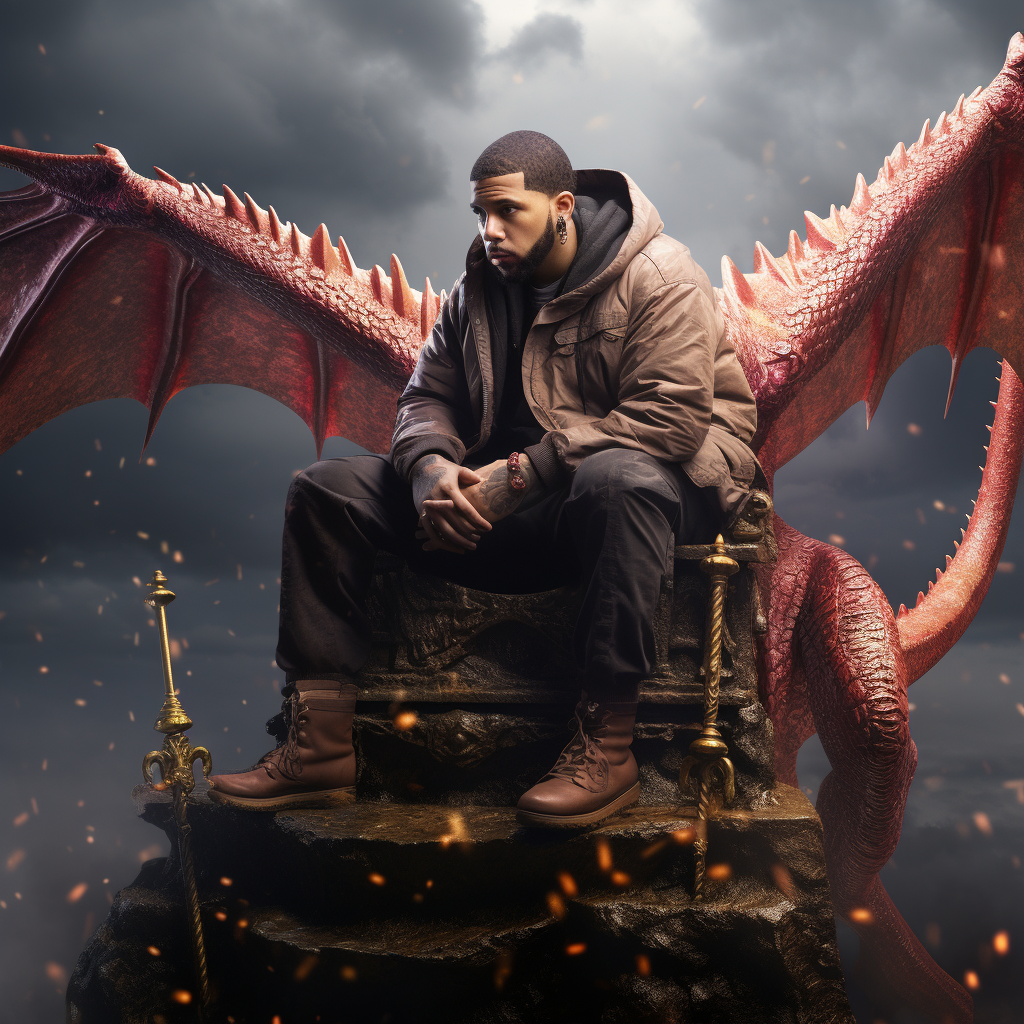 Drake sitting on a colorful dragon