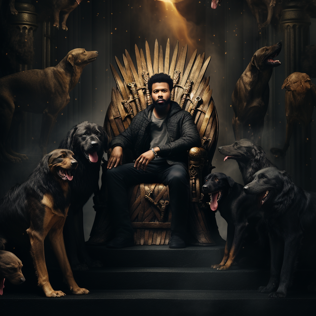 Drake surrounded by protective big dogs