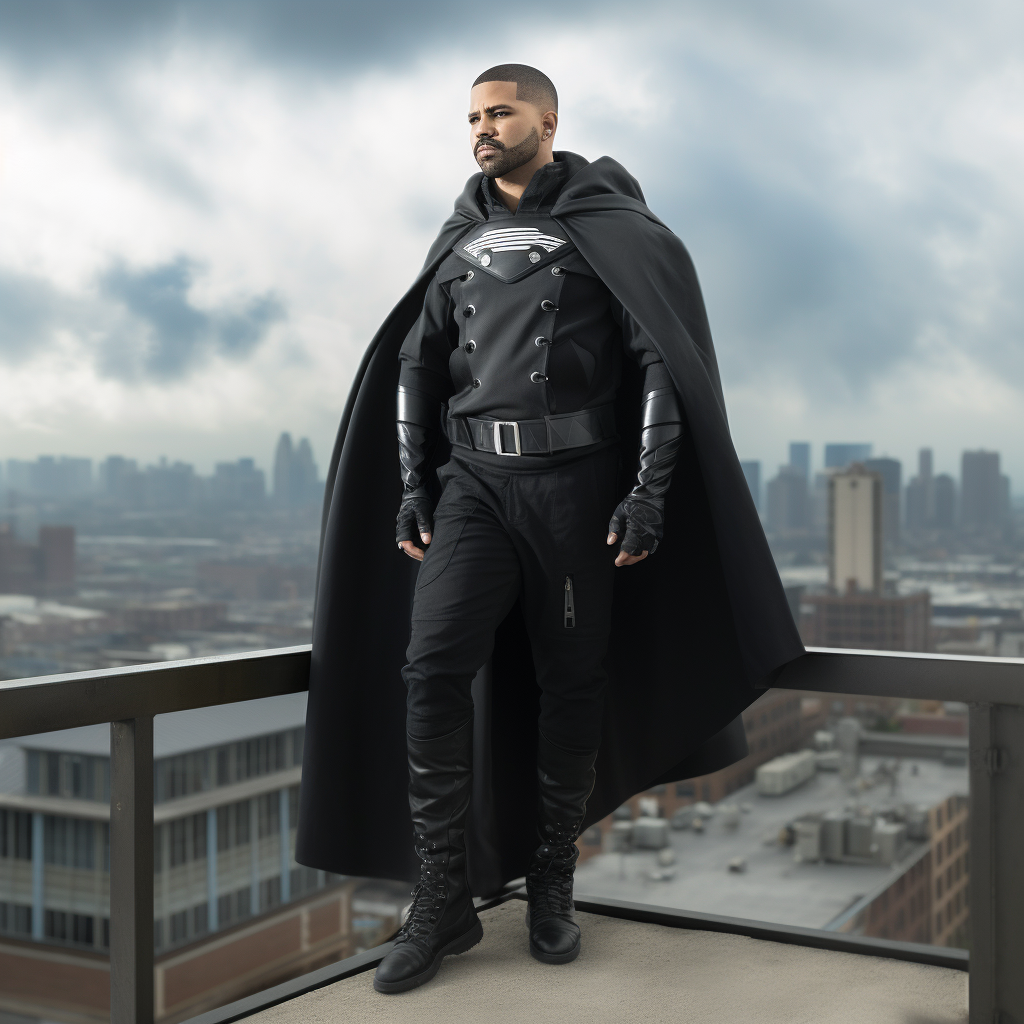 Drake in superhero costume overlooking the city