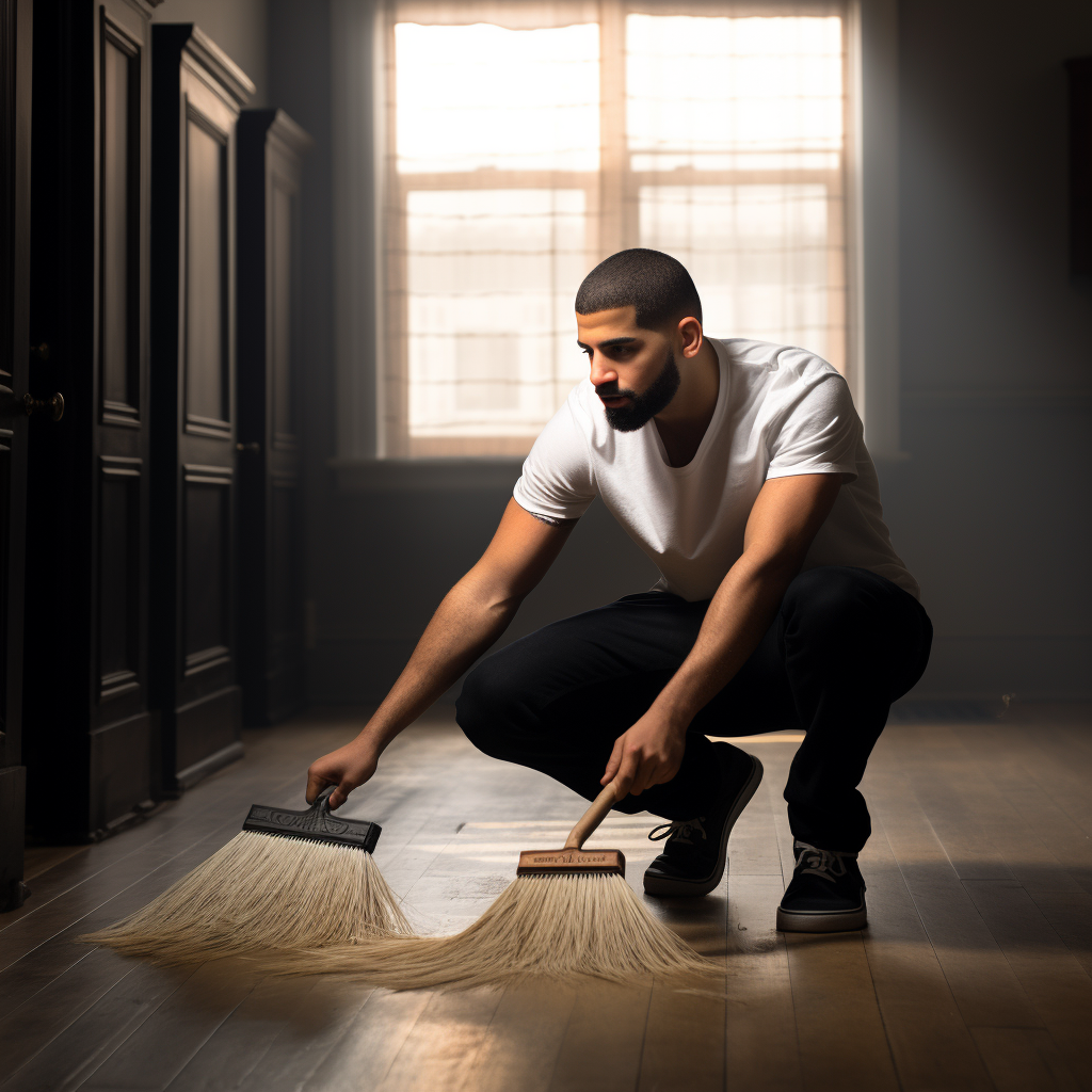 Drake sweeping the floor gracefully