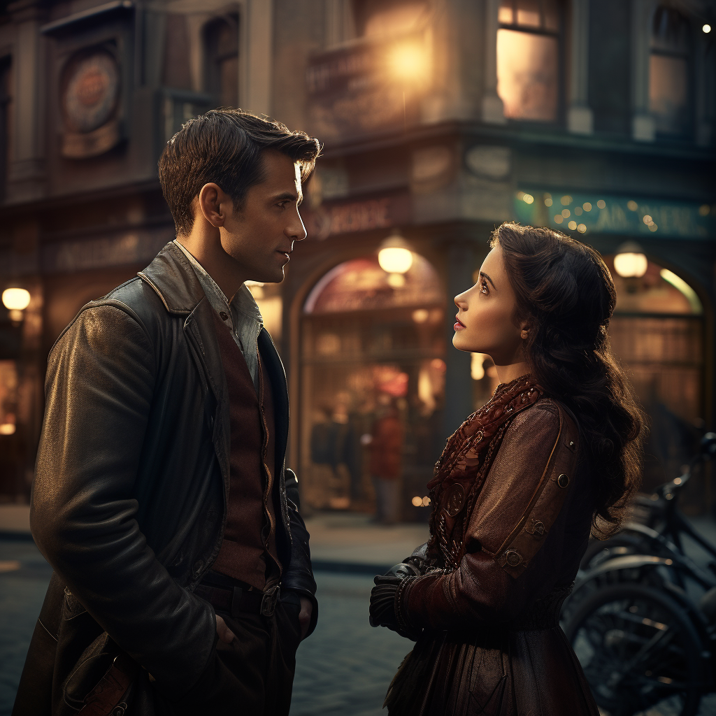 Man looking at woman in steampunk city