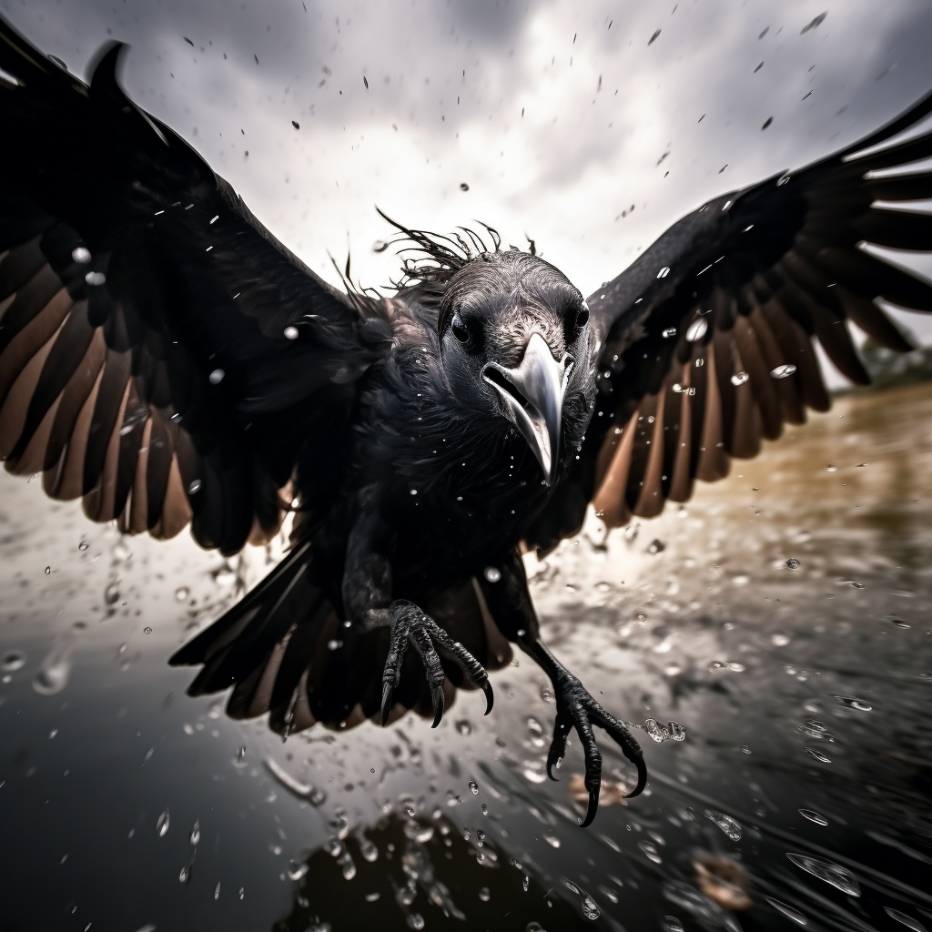 Black crow diving in storm