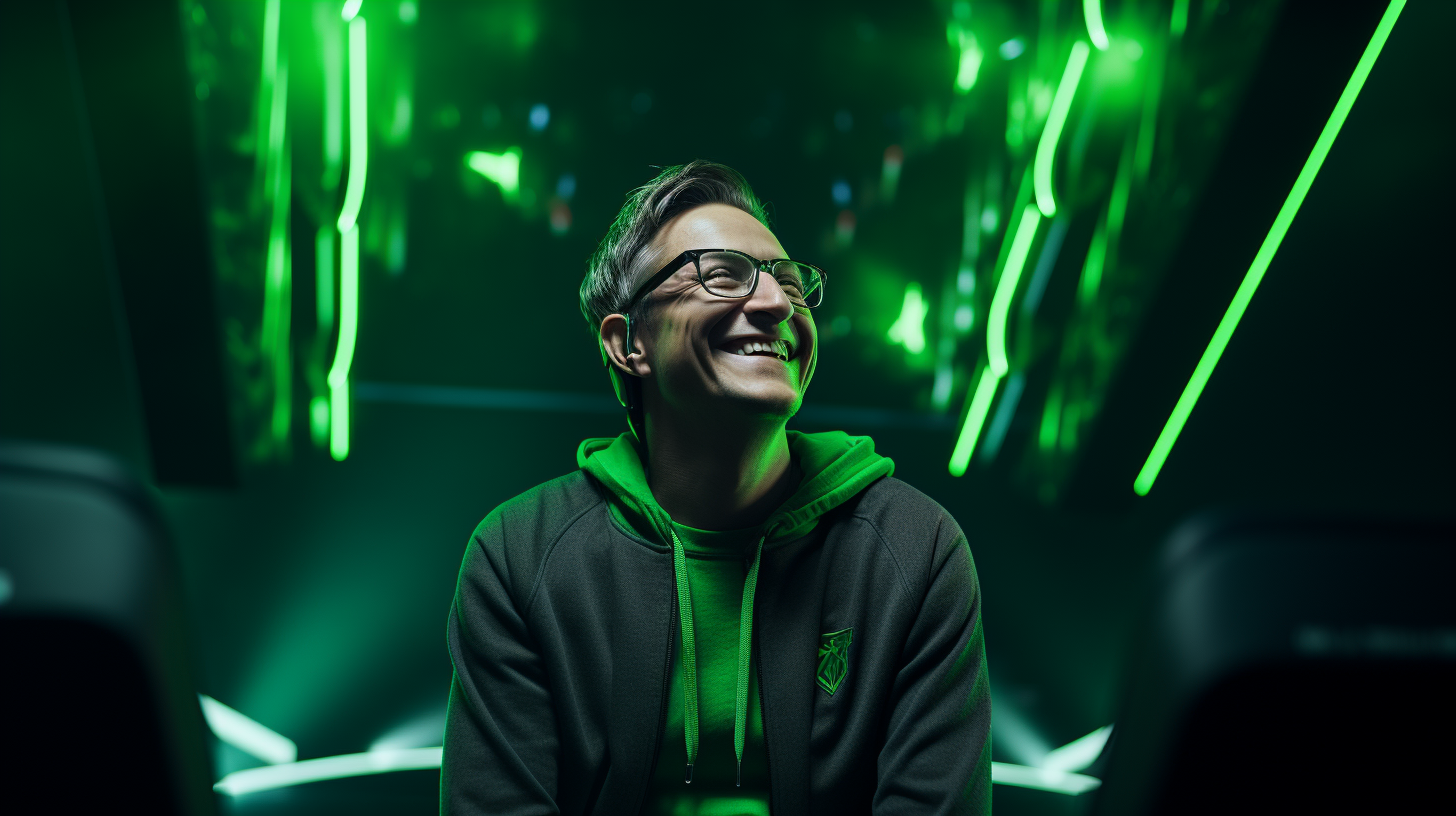 Bill Gates smiling under dramatic green lighting