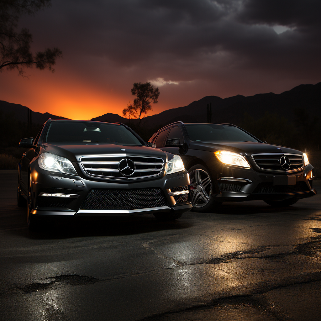 Dramatic Lighting with Black Mercedes and Grey Ford Expedition