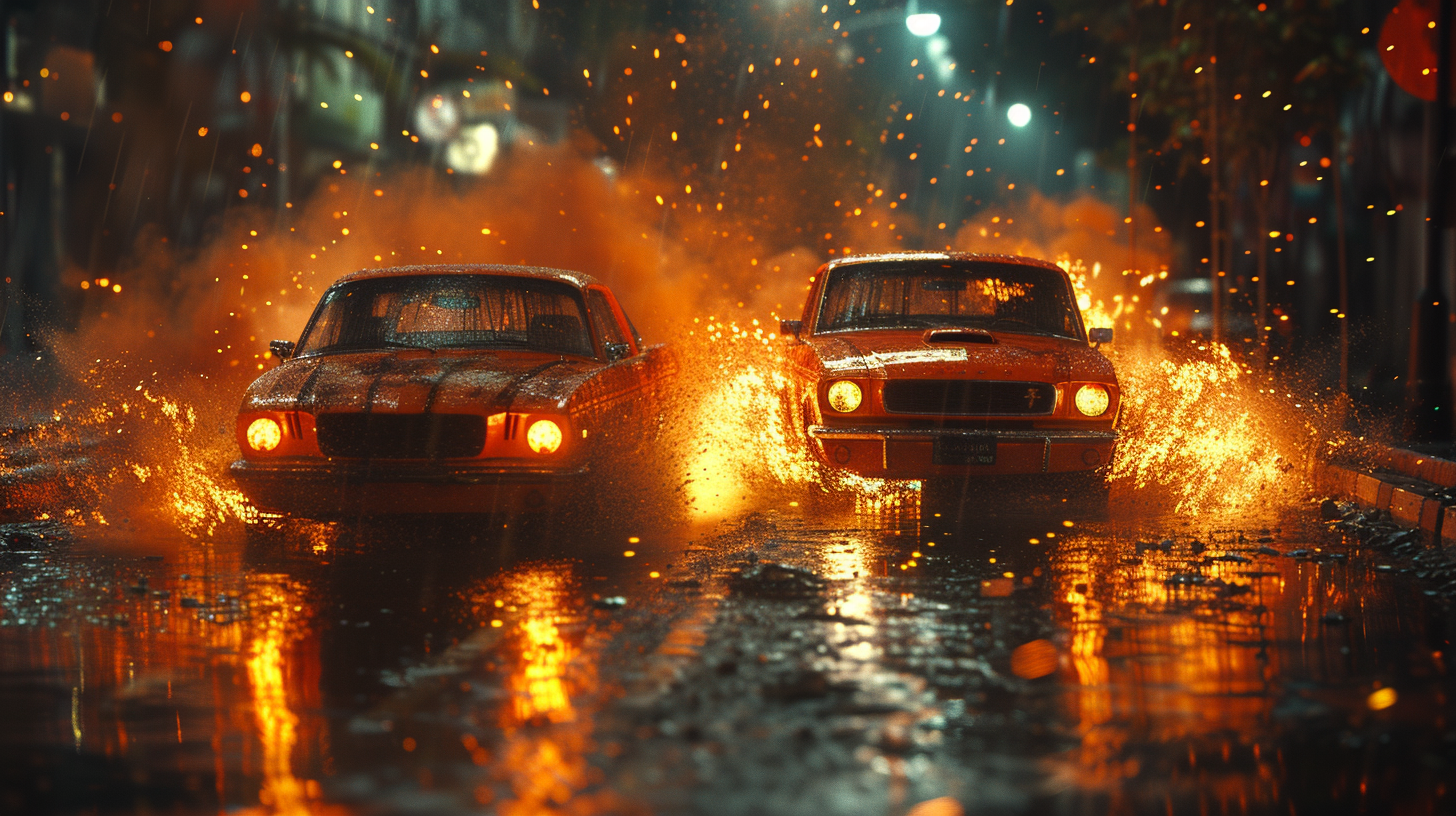 Two Cars Colliding on Wet Road