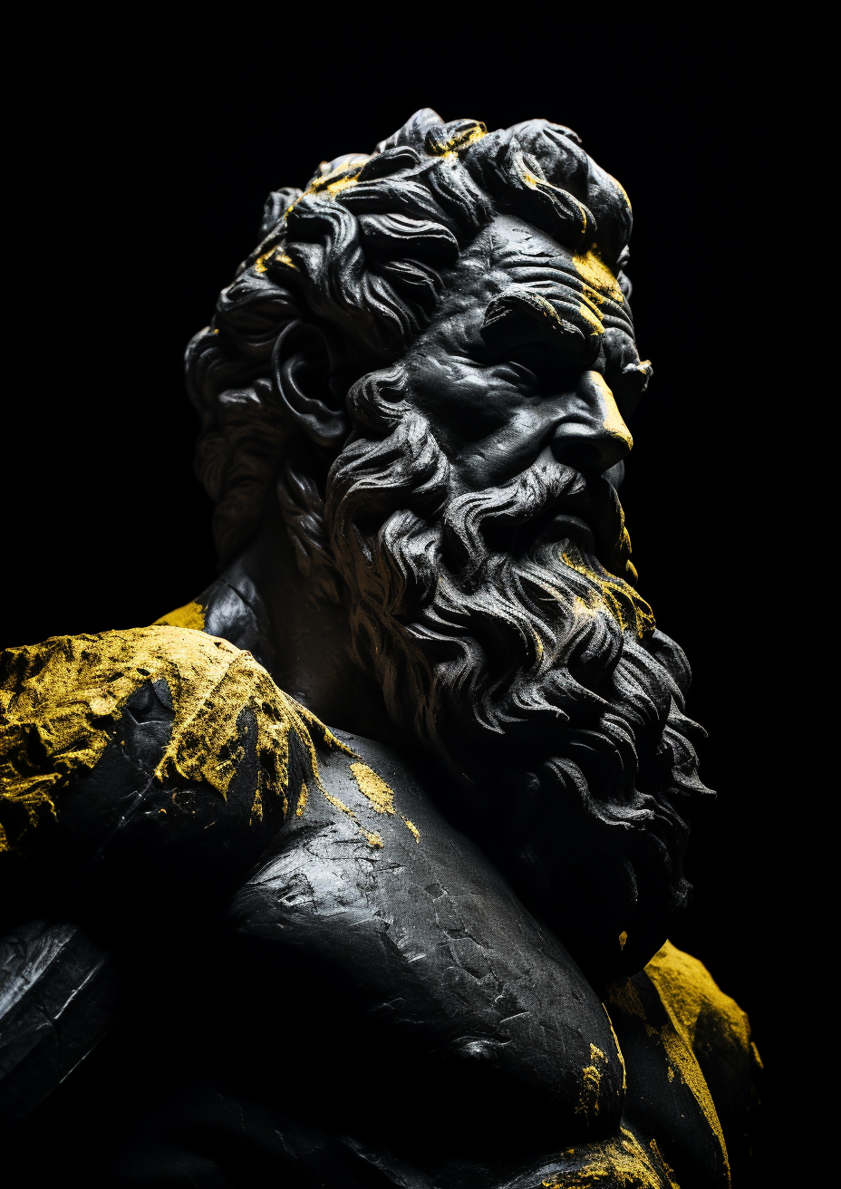 Dramatic statue of man with beard and paint brush stroke