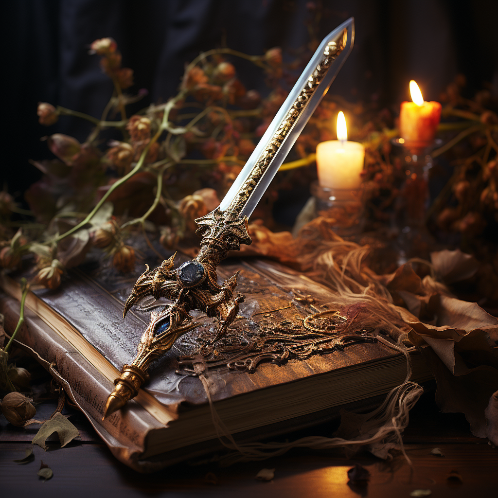 Dramatic sword and bible with lighting