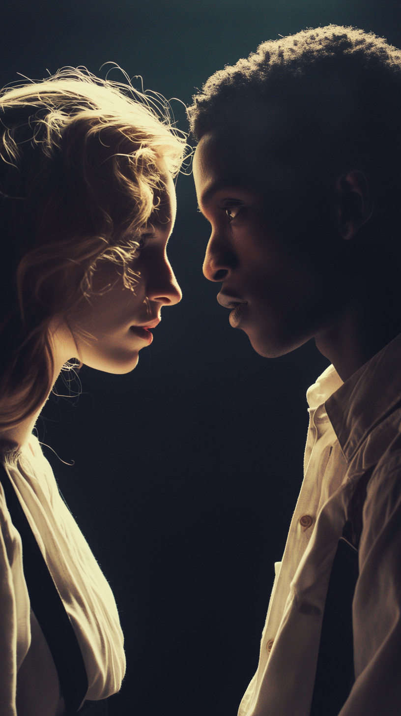 Young interracial couple in dramatic love portrait