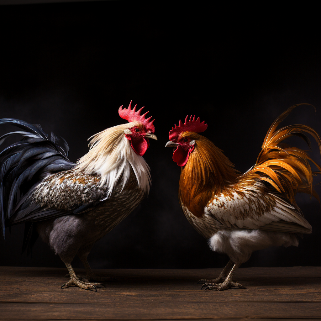 Two roosters recognizing each other