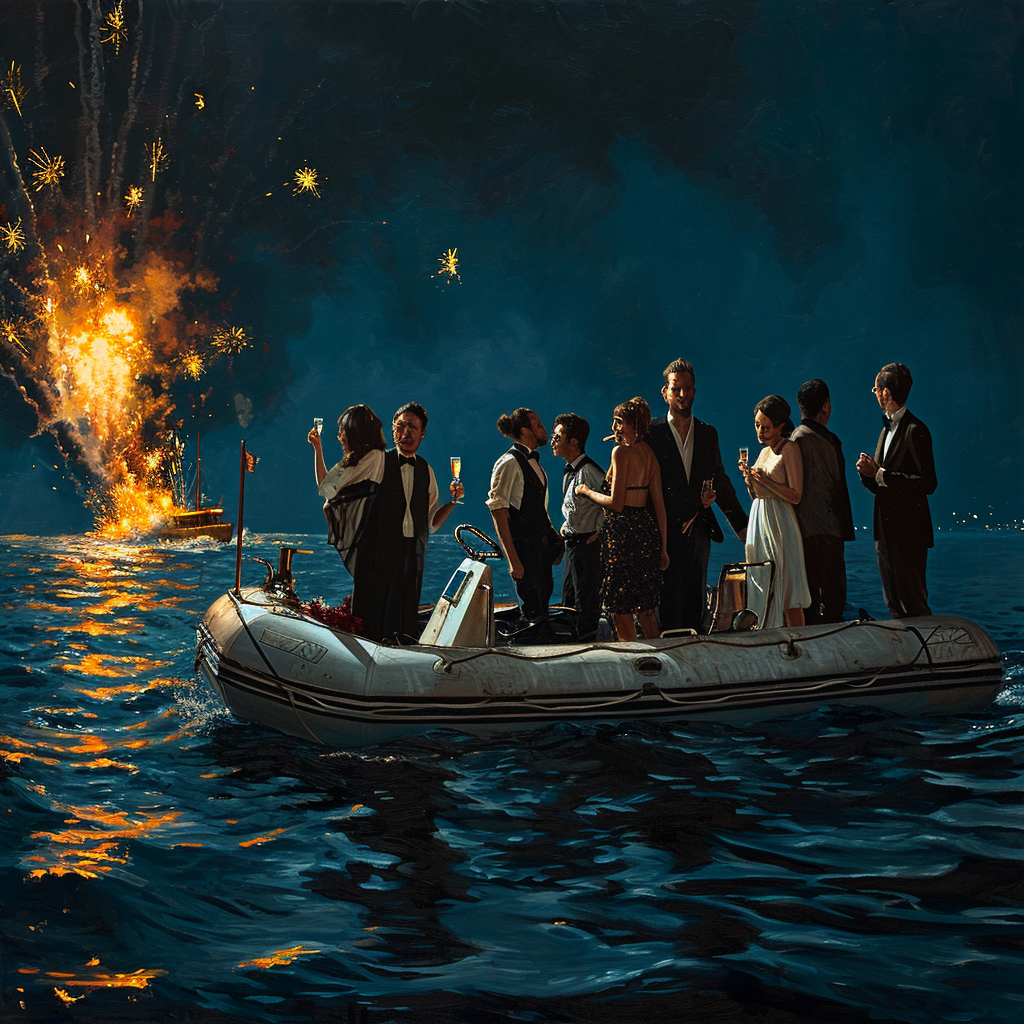 Ten people in formal clothes on a sinking cruise boat