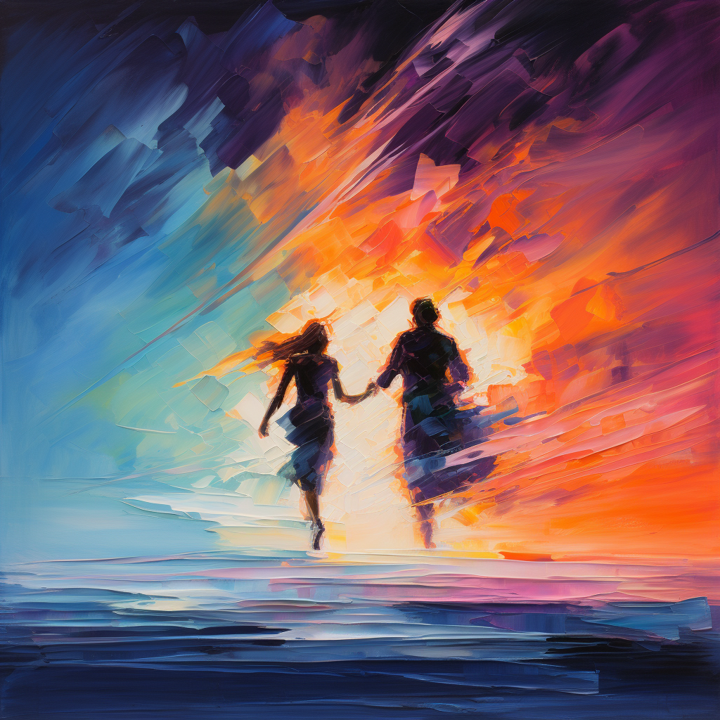 Colorful abstract oil painting with couple running away