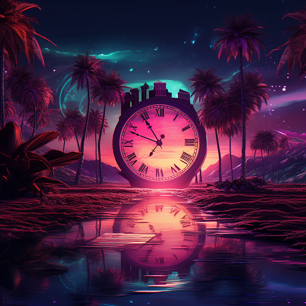 Colorful Synthwave Clocks Floating in Dreamscape