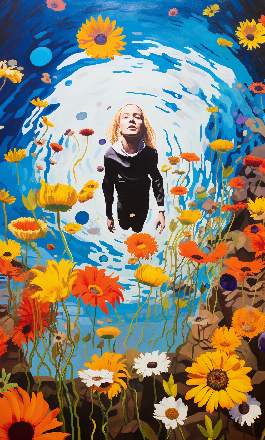 Acrylic painting of a blonde woman dreaming among wildflowers